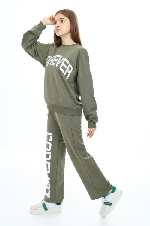 Kız Çocuk Forever Baskılı Geniş Paçalı 2 İplik Eşofman Takımı Px7122