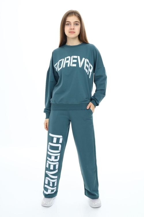 Kız Çocuk Forever Baskılı Geniş Paçalı 2 İplik Eşofman Takımı Px7122