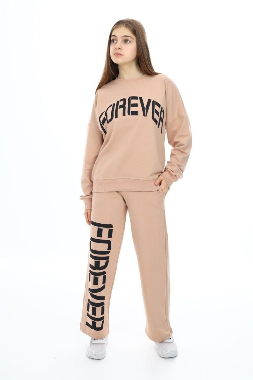 Kız Çocuk Forever Baskılı Geniş Paçalı 2 İplik Eşofman Takımı Px7122