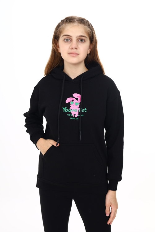 Kız Çocuk Tavşan Baskılı Kapüşonlu Sweatshirt Px872.3