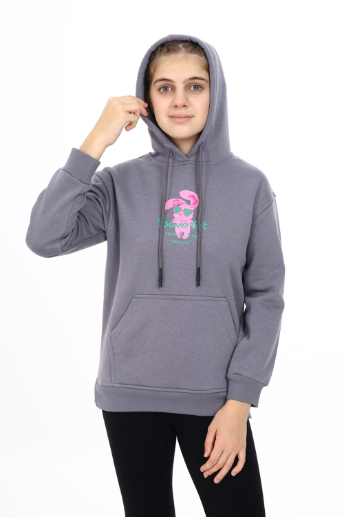 Kız Çocuk Tavşan Baskılı Kapüşonlu Sweatshirt Px872.3