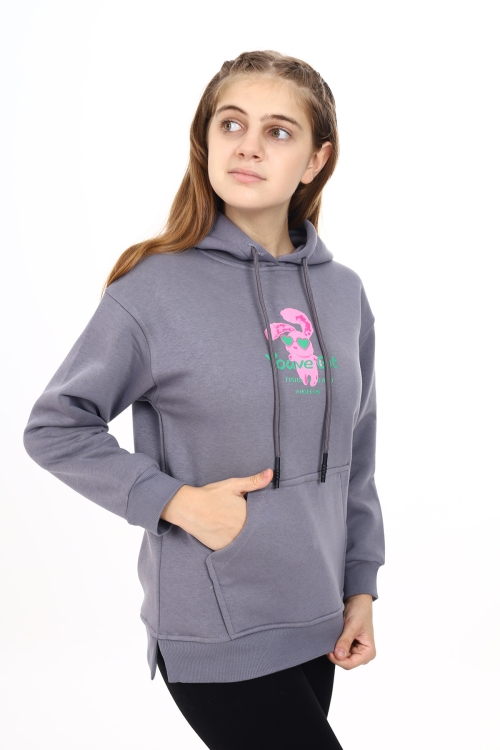 Kız Çocuk Tavşan Baskılı Kapüşonlu Sweatshirt Px872.3