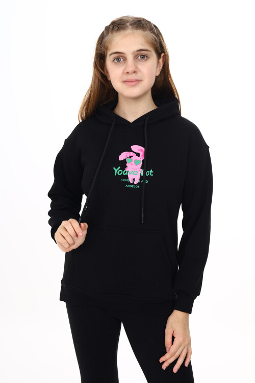 Kız Çocuk Tavşan Baskılı Kapüşonlu Sweatshirt Px872.3