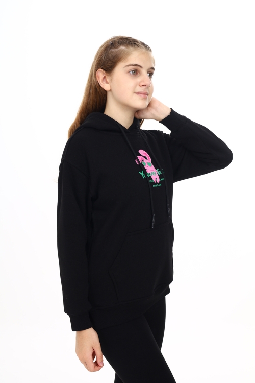 Kız Çocuk Tavşan Baskılı Kapüşonlu Sweatshirt Px872.3