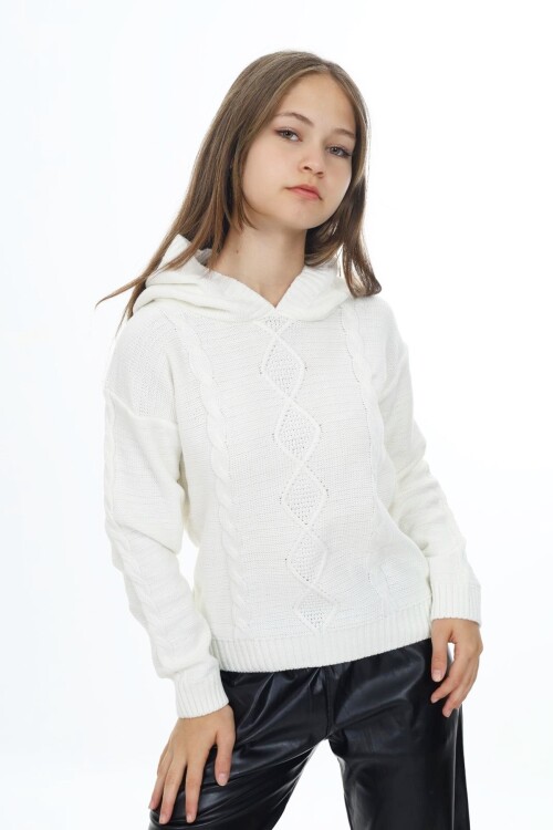 Kız Çocuk Kapüşonlu Örgü Desenli Triko Kazak Mnx3003