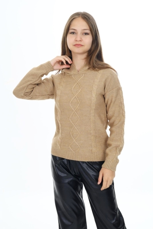 Kız Çocuk Kapüşonlu Örgü Desenli Triko Kazak Mnx3003