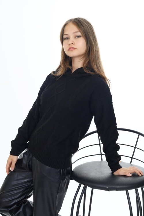 Kız Çocuk Kapüşonlu Örgü Desenli Triko Kazak Mnx3003