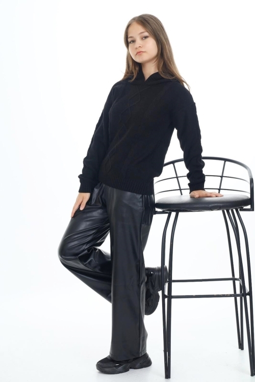 Kız Çocuk Kapüşonlu Örgü Desenli Triko Kazak Mnx3003