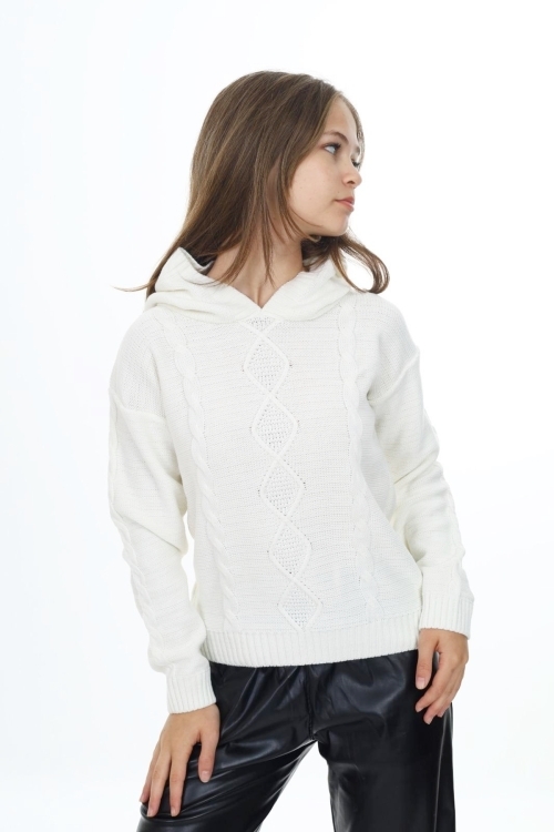 Kız Çocuk Kapüşonlu Örgü Desenli Triko Kazak Mnx3003