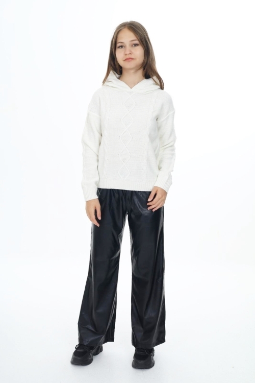 Kız Çocuk Kapüşonlu Örgü Desenli Triko Kazak Mnx3003