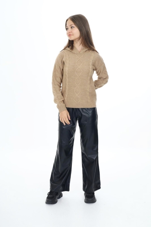 Kız Çocuk Kapüşonlu Örgü Desenli Triko Kazak Mnx3003