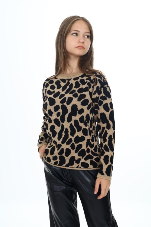 Kız Çocuk Leopar Desenli Triko Kazak Mnx3005