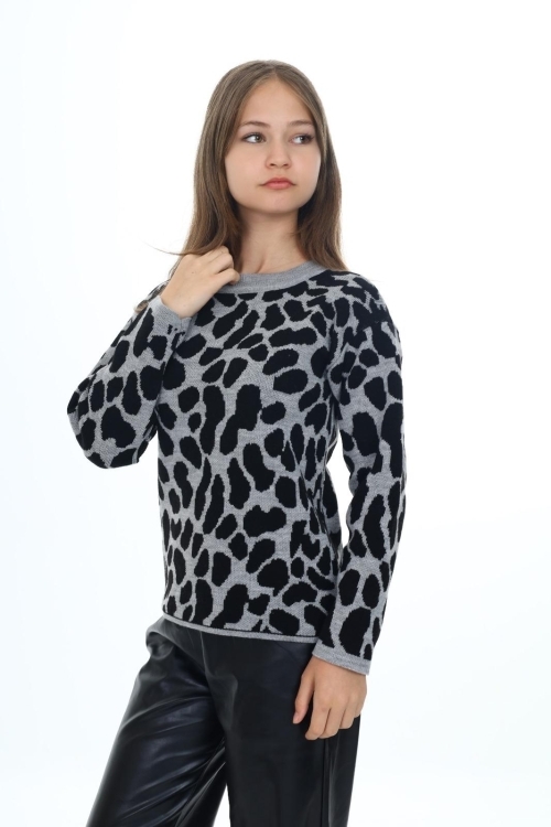 Kız Çocuk Leopar Desenli Triko Kazak Mnx3005
