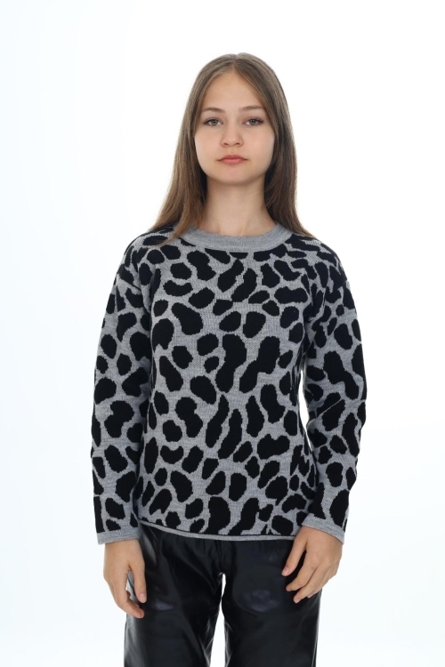 Kız Çocuk Leopar Desenli Triko Kazak Mnx3005
