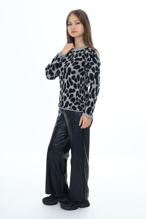 Kız Çocuk Leopar Desenli Triko Kazak Mnx3005