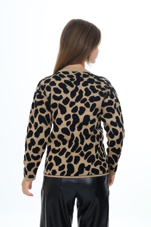 Kız Çocuk Leopar Desenli Triko Kazak Mnx3005