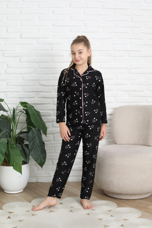 Anne-Kız Pat Yakalı ve Düğme Kapamalı Pijama Takımı 12286