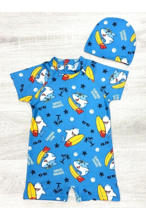 Erkek Çocuk Boneli Mayo Takımı (Tulum Mayo+Bone) 2-8 Yaş 12219