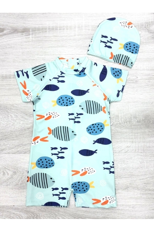 Erkek Çocuk Boneli Mayo Takımı (Tulum Mayo+Bone) 2-8 Yaş 12219