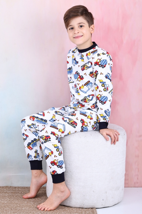 Erkek Çocuk İş Makineleri Baskılı Pijama Takımı 1-7 Yaş 12291