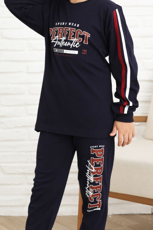 Erkek Çocuk Kolları Şeritli %100 Pamuk İnterlok Kumaş Pijama Takımı 12351