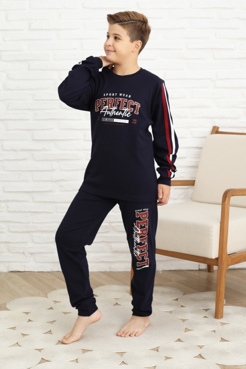Erkek Çocuk Kolları Şeritli %100 Pamuk İnterlok Kumaş Pijama Takımı 12351