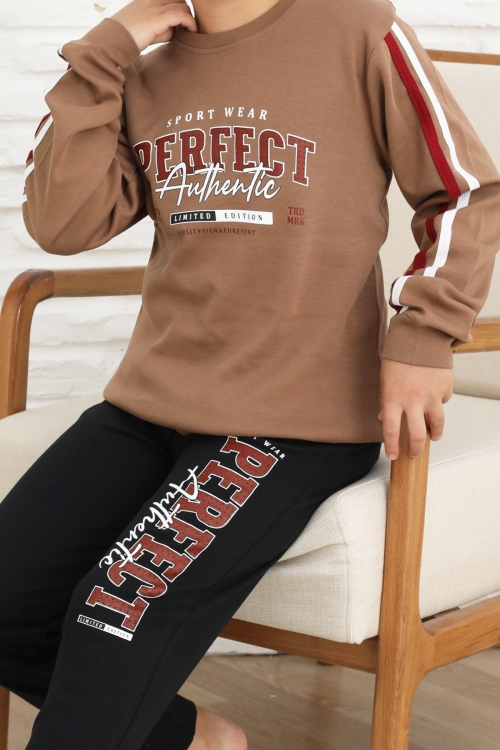 Erkek Çocuk Kolları Şeritli %100 Pamuk İnterlok Kumaş Pijama Takımı 12351