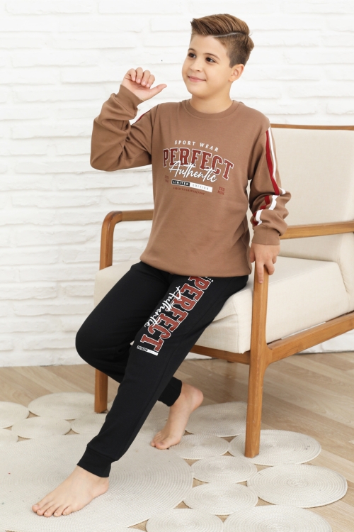 Erkek Çocuk Kolları Şeritli %100 Pamuk İnterlok Kumaş Pijama Takımı 12351