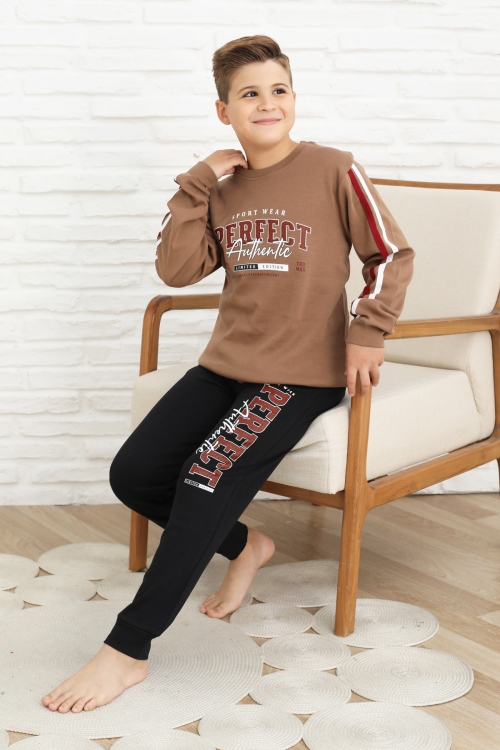 Erkek Çocuk Kolları Şeritli %100 Pamuk İnterlok Kumaş Pijama Takımı 12351