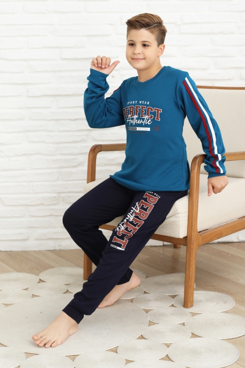 Erkek Çocuk Kolları Şeritli %100 Pamuk İnterlok Kumaş Pijama Takımı 12351