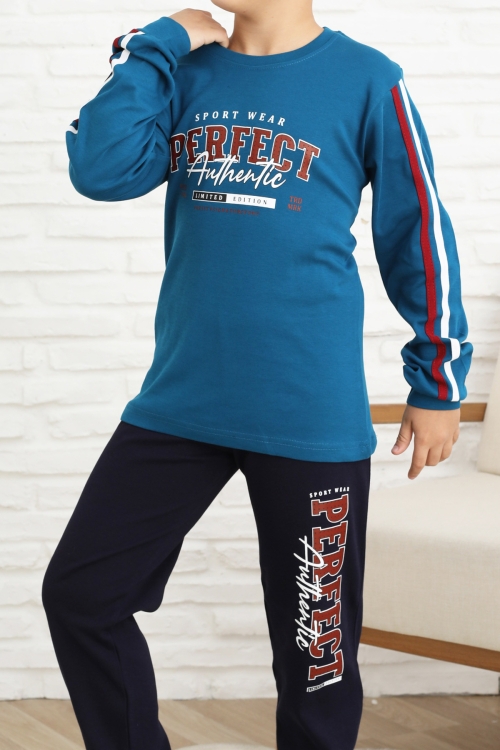 Erkek Çocuk Kolları Şeritli %100 Pamuk İnterlok Kumaş Pijama Takımı 12351