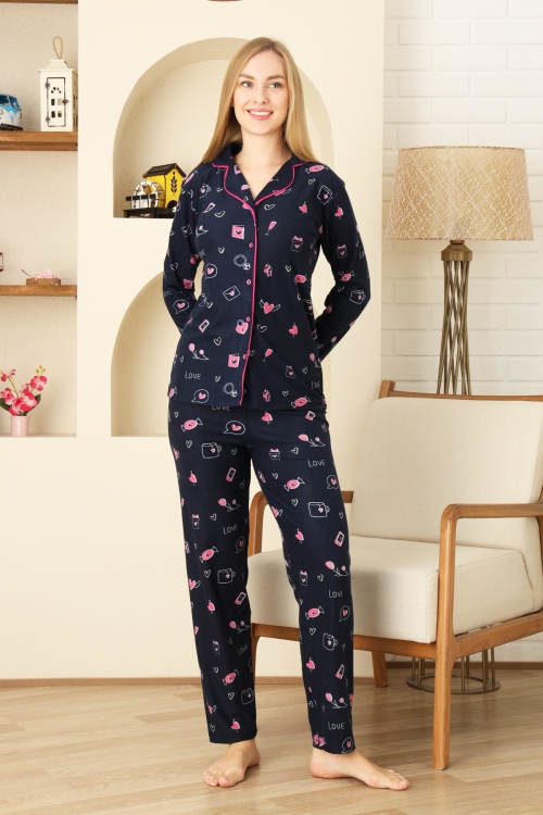 Kadın Pat Yakalı-Baskılı ve Düğme Kapamalı-%100 Pamuk Pijama Takımı 12353