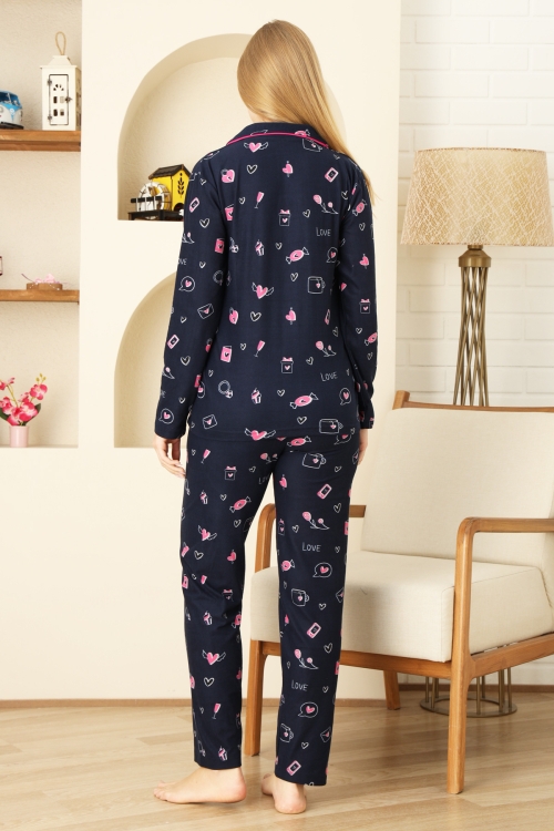 Kadın Pat Yakalı-Baskılı ve Düğme Kapamalı-%100 Pamuk Pijama Takımı 12353