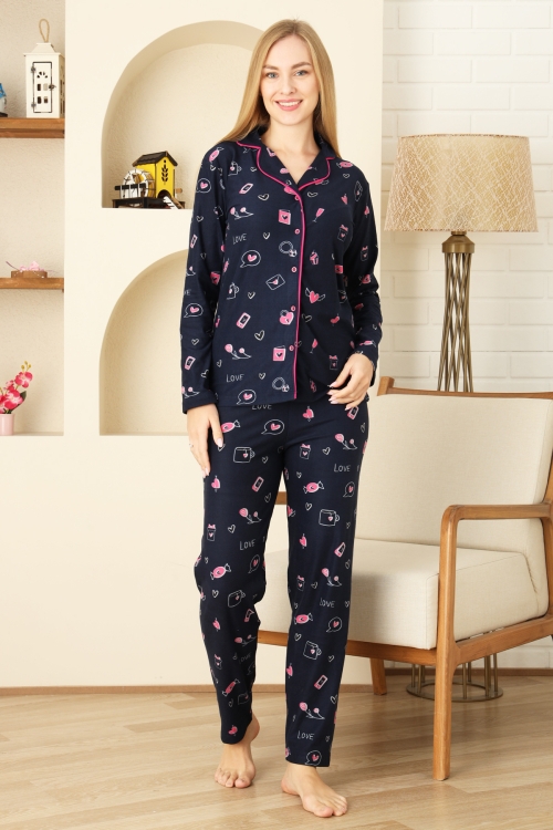 Kadın Pat Yakalı-Baskılı ve Düğme Kapamalı-%100 Pamuk Pijama Takımı 12353