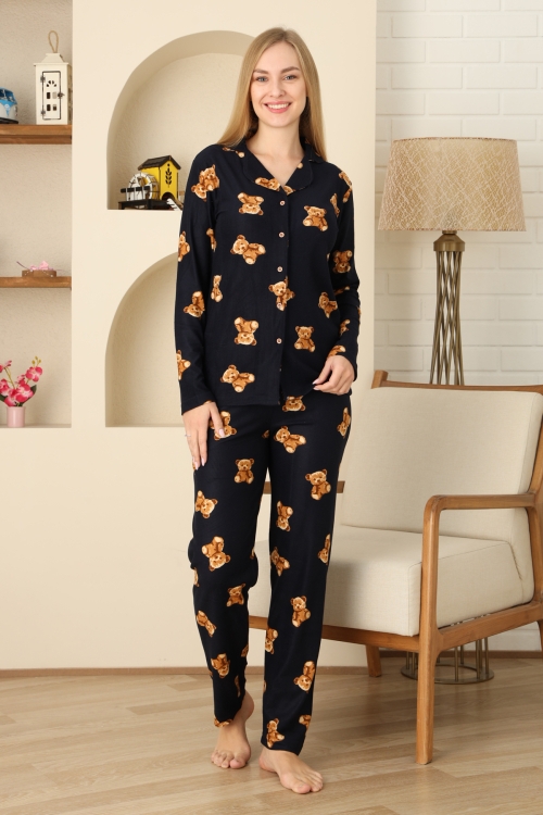 Kadın Pijama Takımı %100 Pamuk-Pat Yakalı ve Düğme Kapamalı 12309