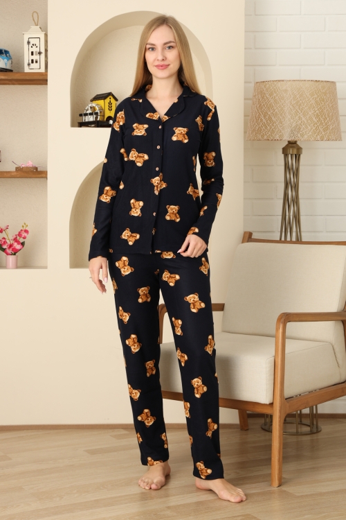 Kadın Pijama Takımı %100 Pamuk-Pat Yakalı ve Düğme Kapamalı 12309