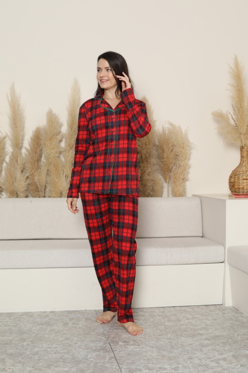 Kadın Pijama Takımı-Ekose Desenli - Pat Yakalı-Düğmeli 12283
