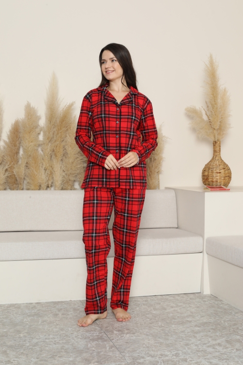 Kadın Pijama Takımı-Ekose Desenli - Pat Yakalı-Düğmeli 12285