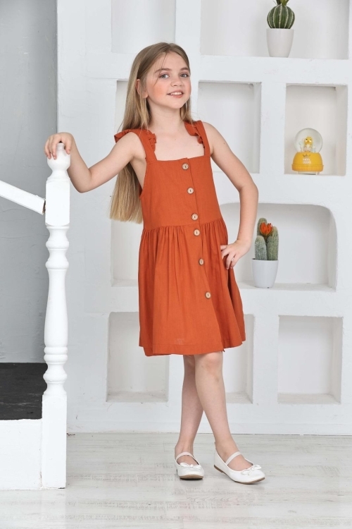 Kız Çocuk %100 Pamuk Keten Elbise 12197