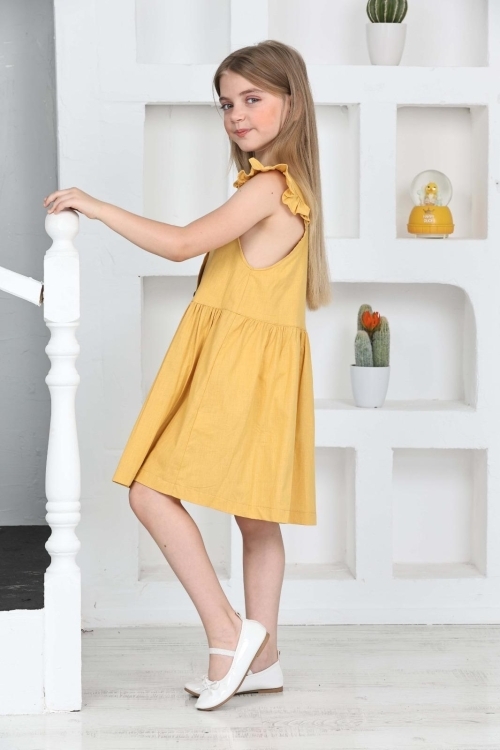 Kız Çocuk %100 Pamuk Keten Elbise 12197