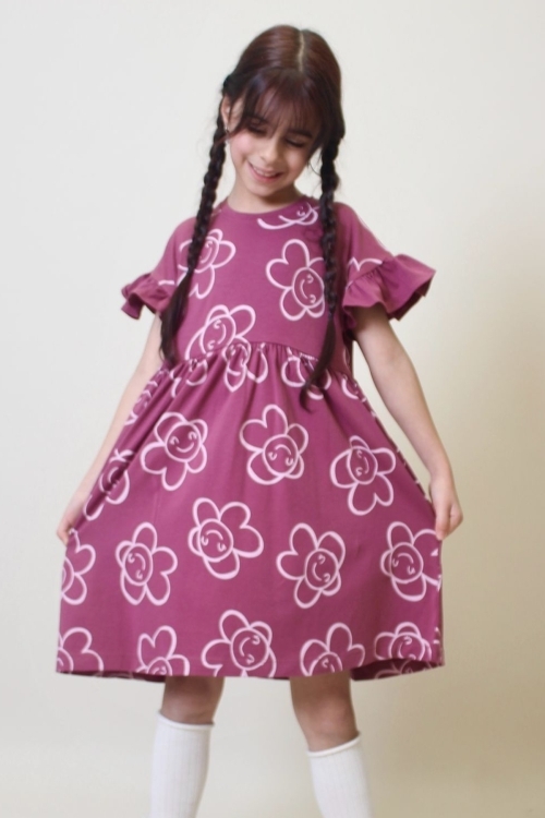 Kız Çocuk %100 Pamuk Kol Fırfırlı Elbise 4-10 Yaş 12241