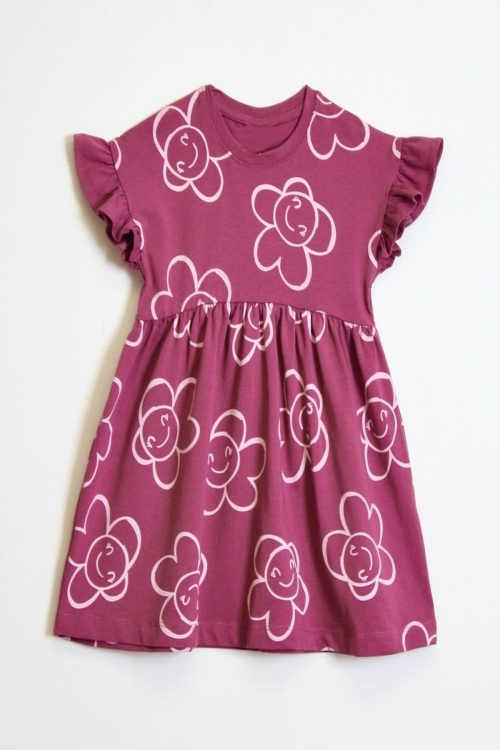 Kız Çocuk %100 Pamuk Kol Fırfırlı Elbise 4-10 Yaş 12241