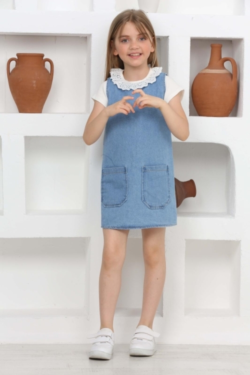 Kız Çocuk 2li Jean Elbise (Çift Cepli Jean Elbise+Bluz)12203