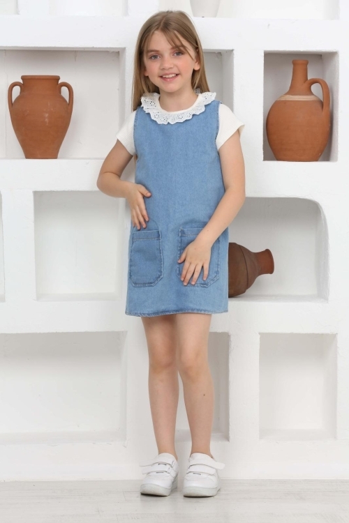 Kız Çocuk 2li Jean Elbise (Çift Cepli Jean Elbise+Bluz)12203