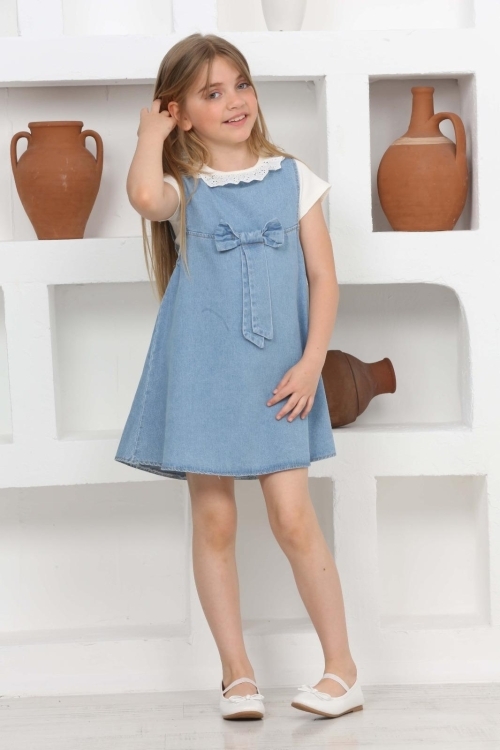 Kız Çocuk 2li Jean Elbise (Fiyonklu Jean Elbise+Bluz)12201