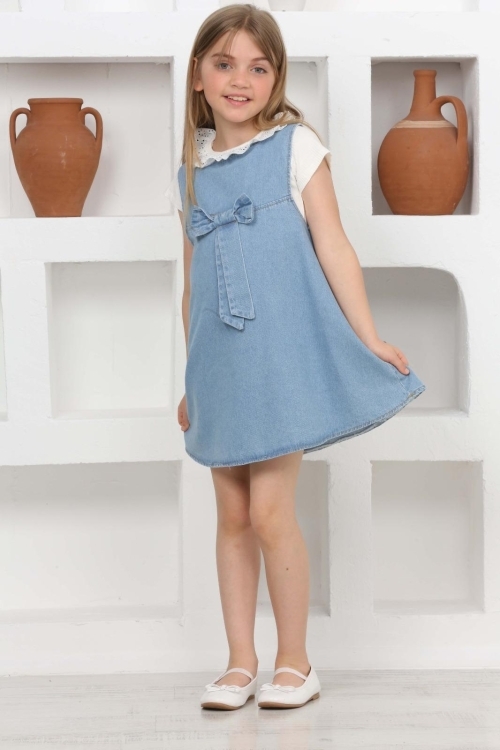 Kız Çocuk 2li Jean Elbise (Fiyonklu Jean Elbise+Bluz)12201