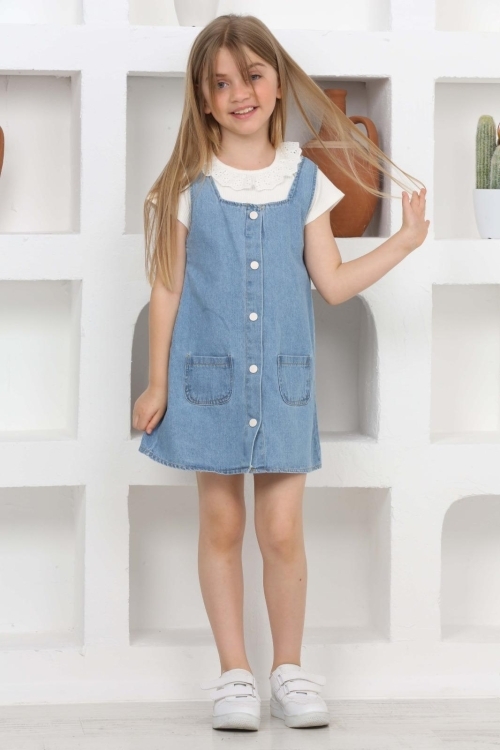 Kız Çocuk 2li Jean Elbise (Salopet Jean Elbise+Bluz)12202