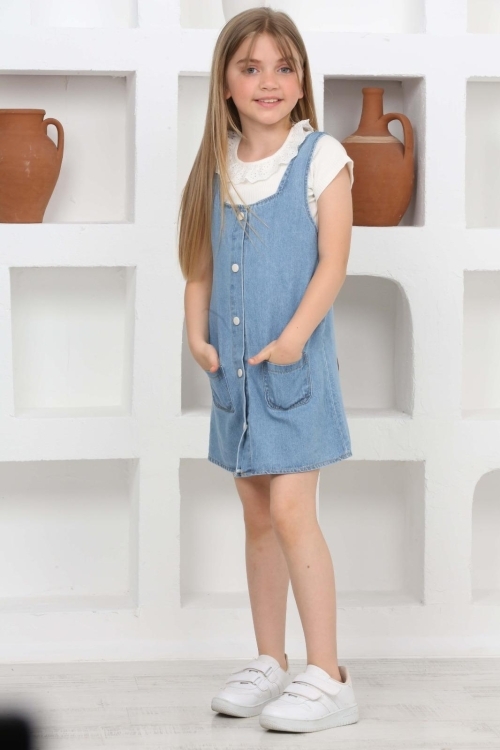 Kız Çocuk 2li Jean Elbise (Salopet Jean Elbise+Bluz)12202