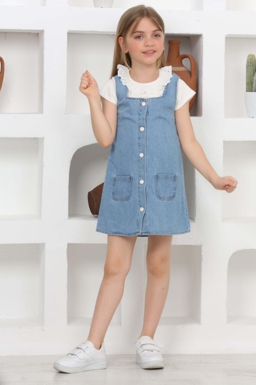 Kız Çocuk 2li Jean Elbise (Salopet Jean Elbise+Bluz)12202