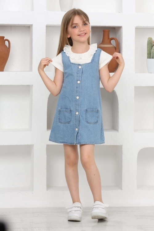 Kız Çocuk 2li Jean Elbise (Salopet Jean Elbise+Bluz)12202